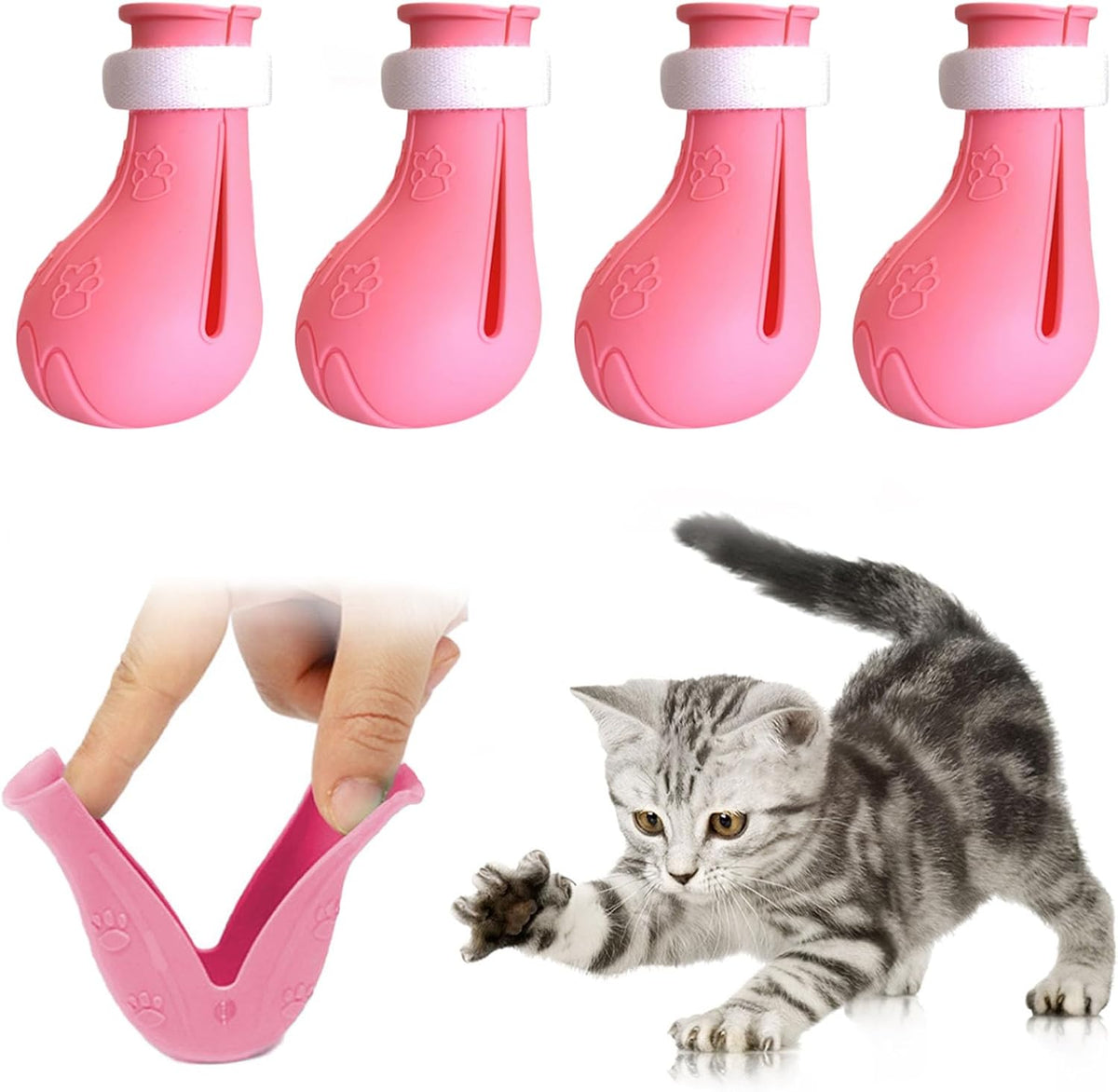 Anti-Scratch Cat Shoes 4 Pack, Pet Supplies Scratch Deterrent Booties, Grooming Accessories Silicone Nail Gloves, Adjustable Claw Cover for Bathing Shaving Checking Treatment (Pink)
