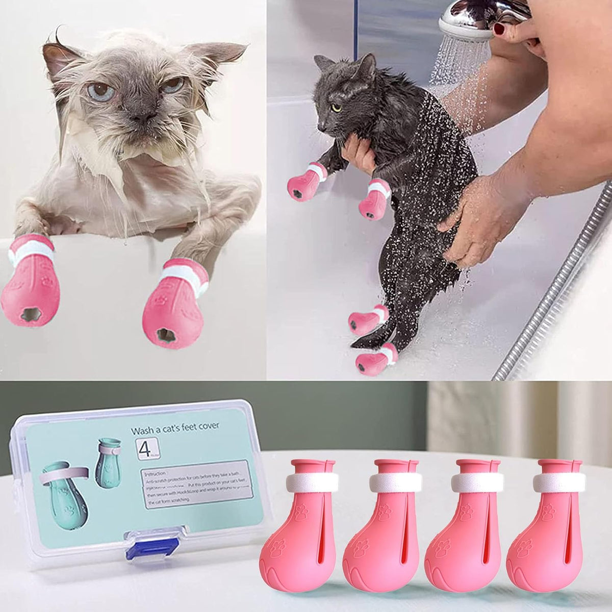 Anti-Scratch Cat Shoes 4 Pack, Pet Supplies Scratch Deterrent Booties, Grooming Accessories Silicone Nail Gloves, Adjustable Claw Cover for Bathing Shaving Checking Treatment (Pink)