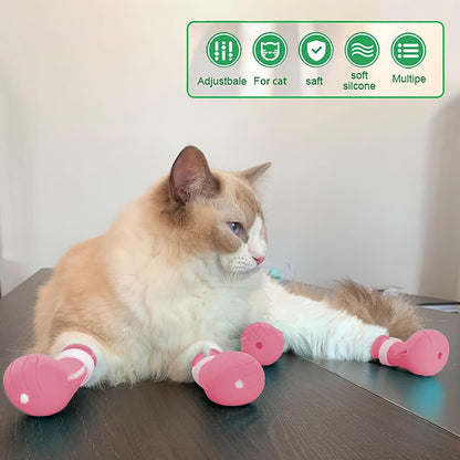 Anti-Scratch Cat Shoes 4 Pack, Pet Supplies Scratch Deterrent Booties, Grooming Accessories Silicone Nail Gloves, Adjustable Claw Cover for Bathing Shaving Checking Treatment (Pink)