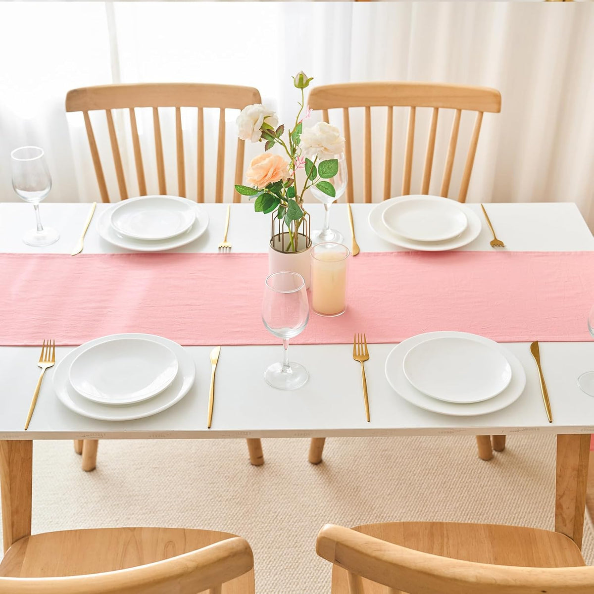 Pink Shabby Chic Ruffled Table Runner:Farmhouse Retro Table Runners for Table Decor Rustic Home Table Decoration,Cotton Tablecloth Flounces Trim for Wedding Christmas Decor 30x180cm(12x71inch)