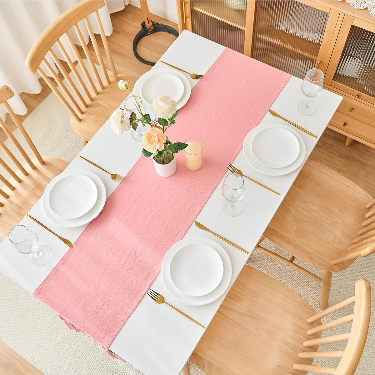 Pink Shabby Chic Ruffled Table Runner:Farmhouse Retro Table Runners for Table Decor Rustic Home Table Decoration,Cotton Tablecloth Flounces Trim for Wedding Christmas Decor 30x180cm(12x71inch)
