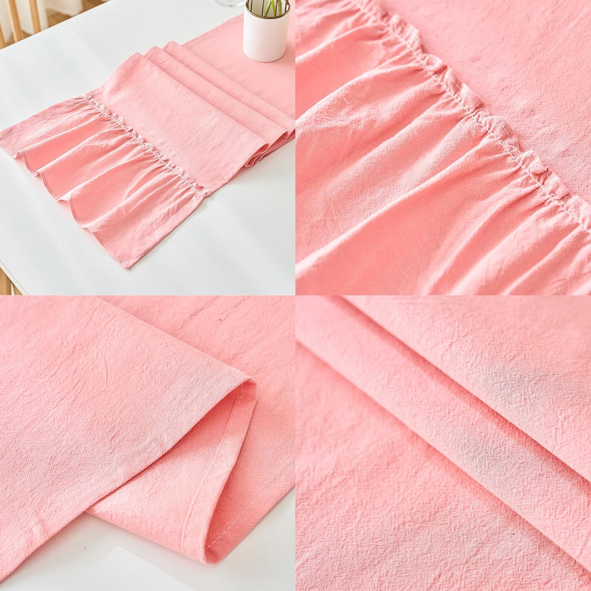 Pink Shabby Chic Ruffled Table Runner:Farmhouse Retro Table Runners for Table Decor Rustic Home Table Decoration,Cotton Tablecloth Flounces Trim for Wedding Christmas Decor 30x180cm(12x71inch)
