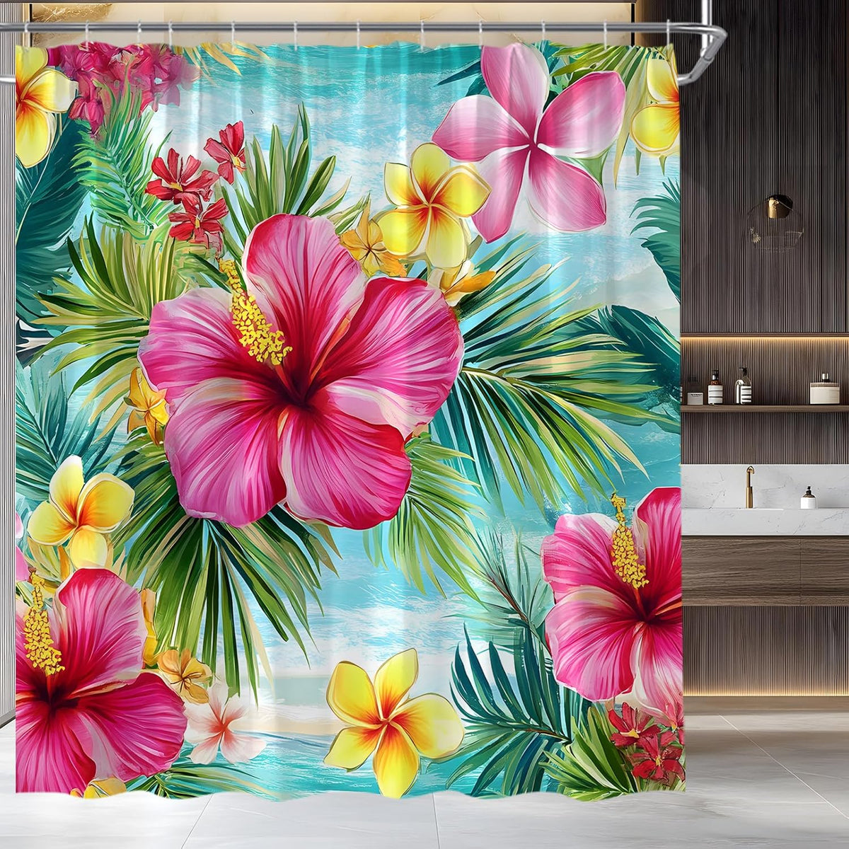 Tropical Flower Shower Curtain Summer Palm Leaf Bathroom Decor,70x70 Inch