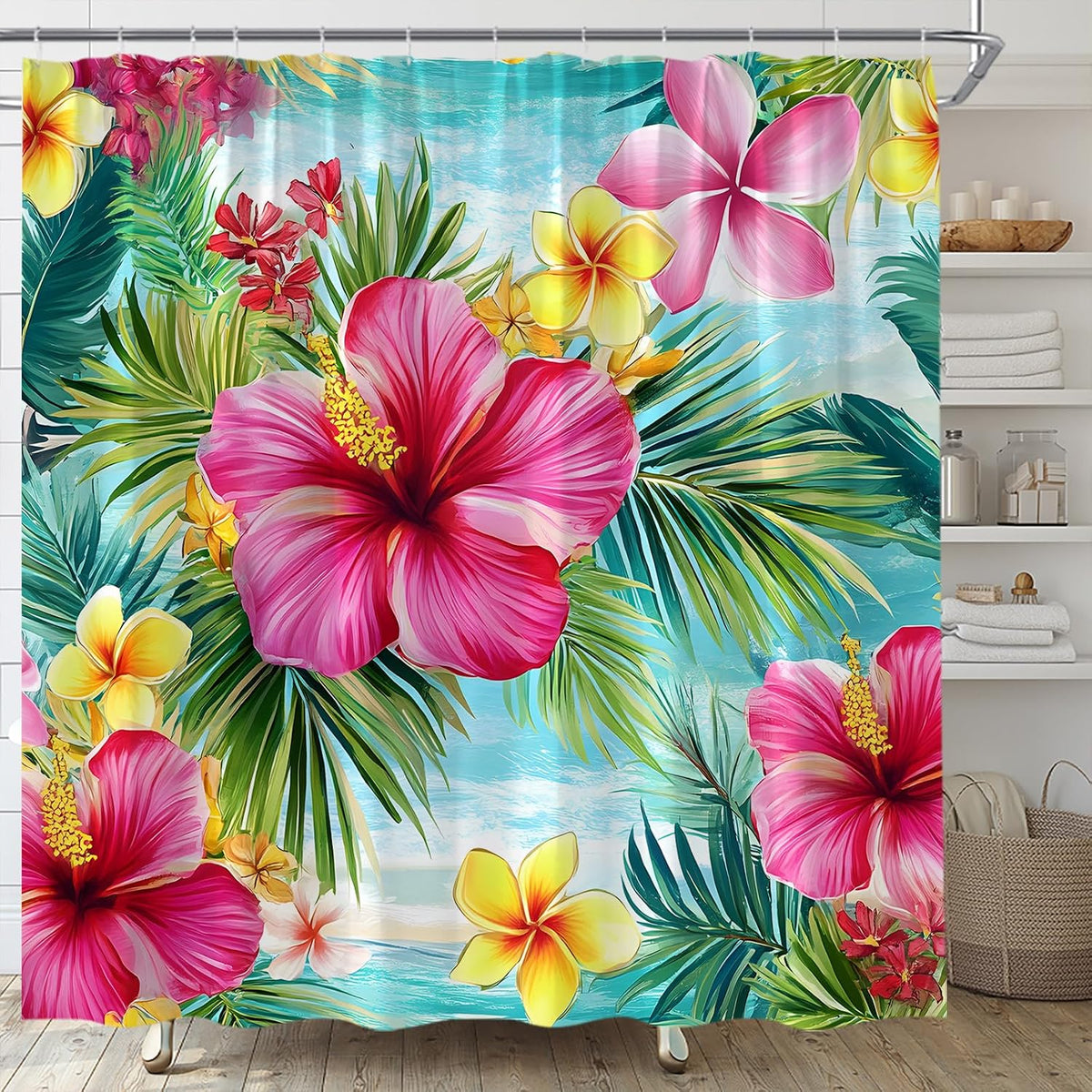 Tropical Flower Shower Curtain Summer Palm Leaf Bathroom Decor,70x70 Inch