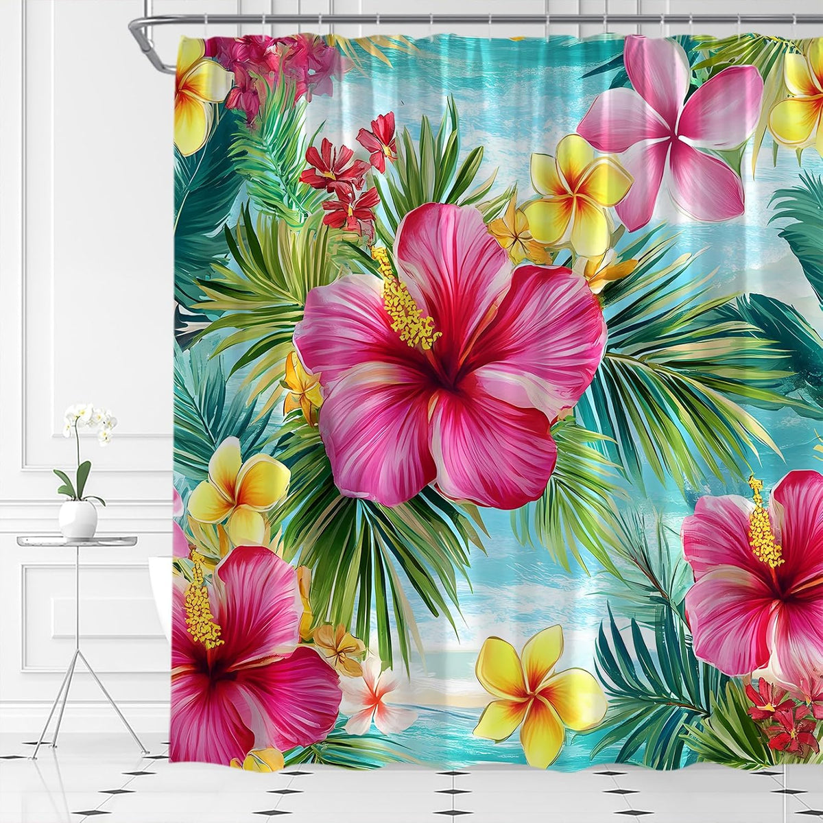 Tropical Flower Shower Curtain Summer Palm Leaf Bathroom Decor,70x70 Inch