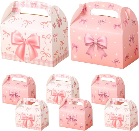 6 Pcs Pink Bow Treat Boxes, Coquette Theme Candy Goodie Box with Handle, Pink Party Favor Boxes for Bridal Shower Bow Themed Birthday Wedding Party Decoration Supplies