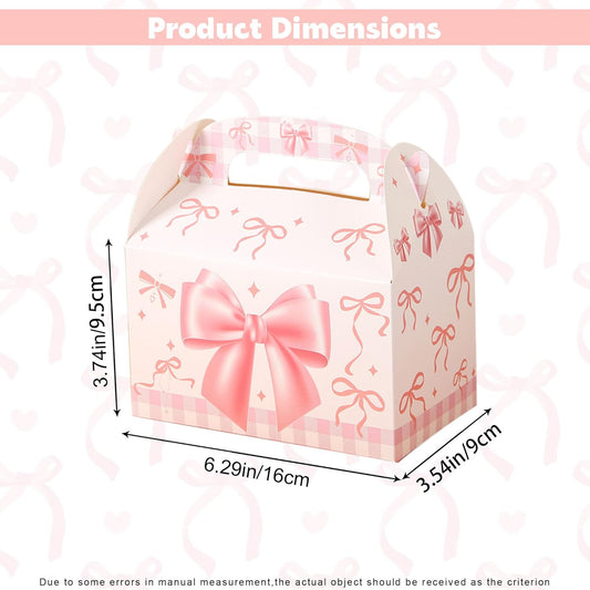6 Pcs Pink Bow Treat Boxes, Coquette Theme Candy Goodie Box with Handle, Pink Party Favor Boxes for Bridal Shower Bow Themed Birthday Wedding Party Decoration Supplies