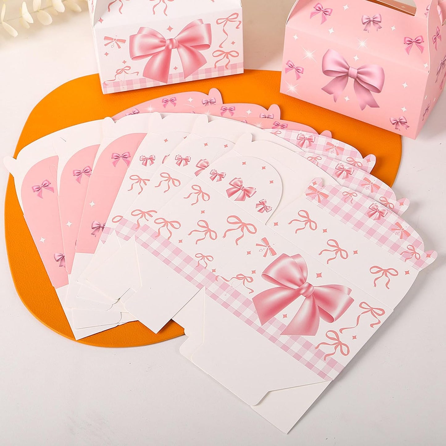 6 Pcs Pink Bow Treat Boxes, Coquette Theme Candy Goodie Box with Handle, Pink Party Favor Boxes for Bridal Shower Bow Themed Birthday Wedding Party Decoration Supplies