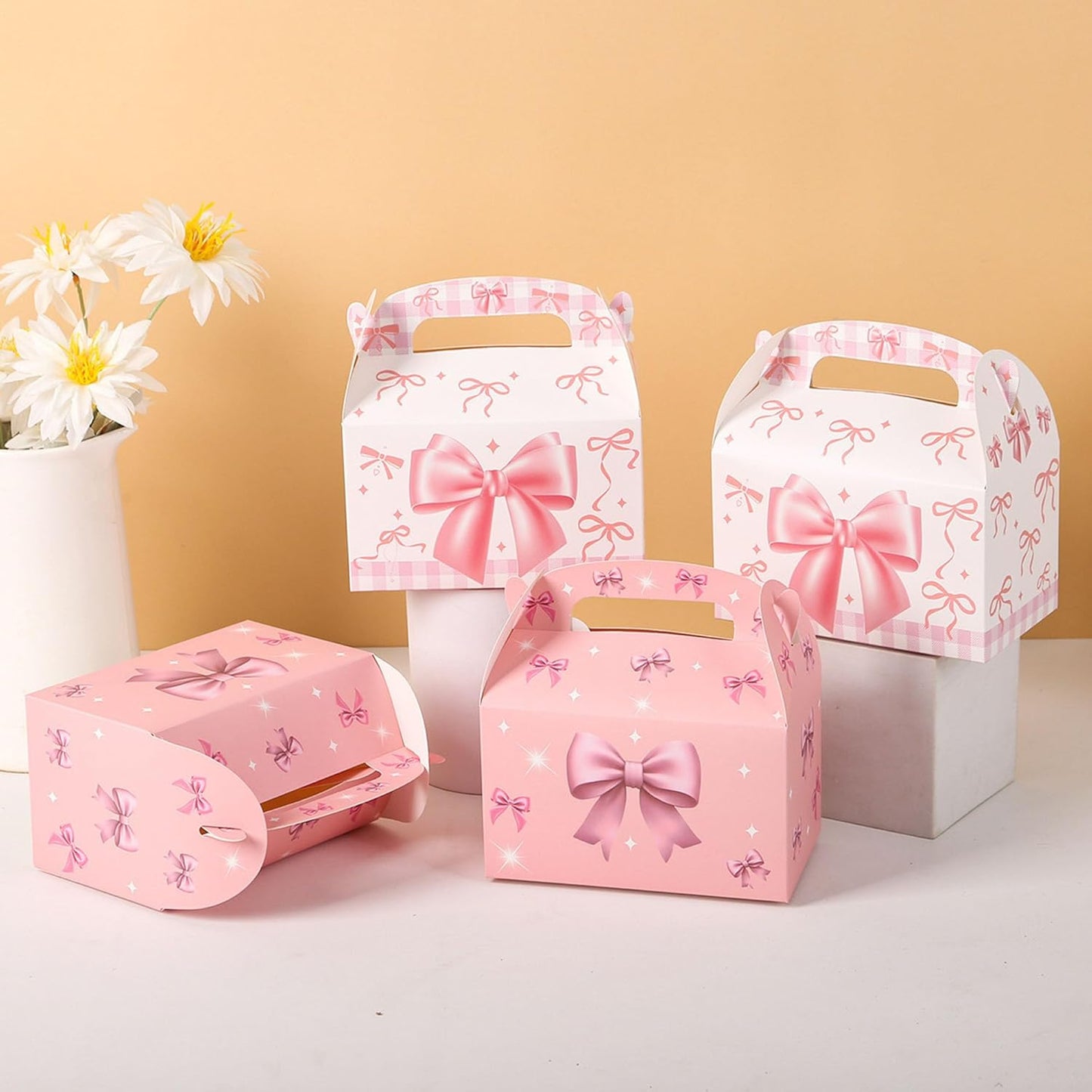 6 Pcs Pink Bow Treat Boxes, Coquette Theme Candy Goodie Box with Handle, Pink Party Favor Boxes for Bridal Shower Bow Themed Birthday Wedding Party Decoration Supplies