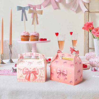 6 Pcs Pink Bow Treat Boxes, Coquette Theme Candy Goodie Box with Handle, Pink Party Favor Boxes for Bridal Shower Bow Themed Birthday Wedding Party Decoration Supplies