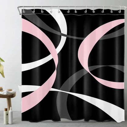 Abstract Pink Shower Curtain for Bathroom,Grey and White Striped on Black Background Fabric Shower Curtain with Hooks,Modern Geometric Pattern Aesthetic Bathroom Curtains Shower Set,72x72 inches