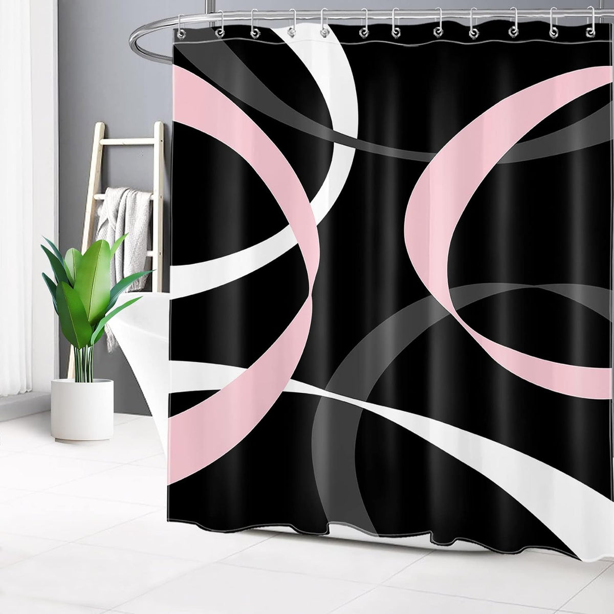 Abstract Pink Shower Curtain for Bathroom,Grey and White Striped on Black Background Fabric Shower Curtain with Hooks,Modern Geometric Pattern Aesthetic Bathroom Curtains Shower Set,72x72 inches