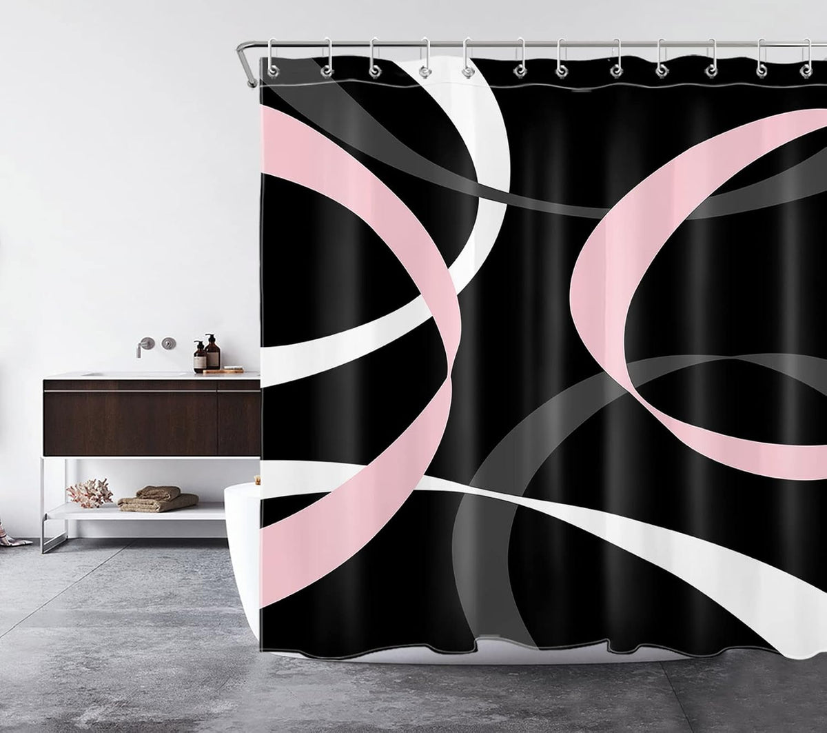 Abstract Pink Shower Curtain for Bathroom,Grey and White Striped on Black Background Fabric Shower Curtain with Hooks,Modern Geometric Pattern Aesthetic Bathroom Curtains Shower Set,72x72 inches