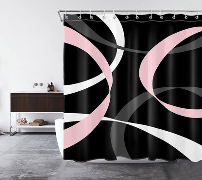 Abstract Pink Shower Curtain for Bathroom,Grey and White Striped on Black Background Fabric Shower Curtain with Hooks,Modern Geometric Pattern Aesthetic Bathroom Curtains Shower Set,72x72 inches