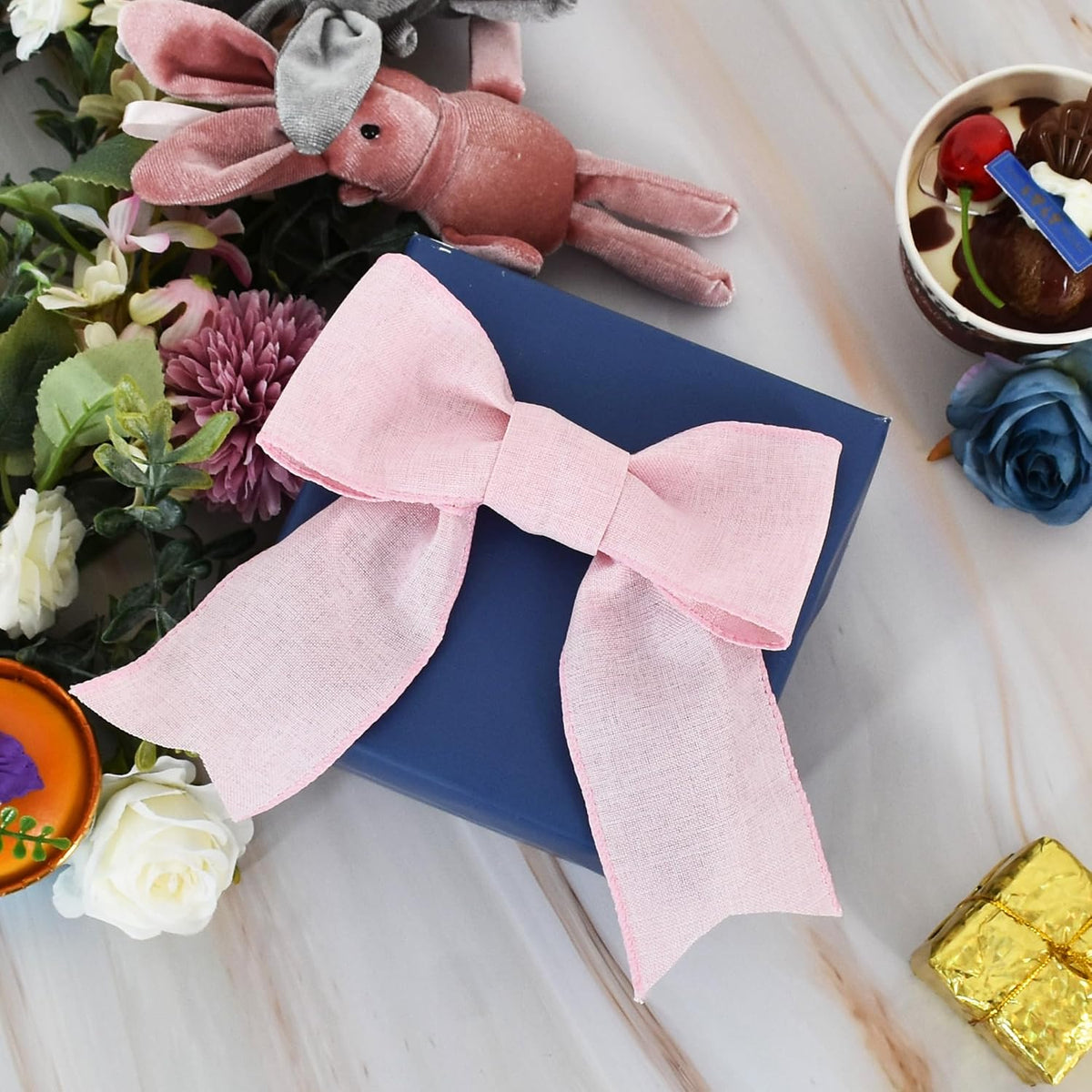 Natural Burlap Wired Ribbon, 2.5 Inch 10 Yards Light Pink Fabric Ribbon for Spring Easter, Wreath Bows, Crafts, Gift Wrapping, Wedding, Christmas Easter Decoration