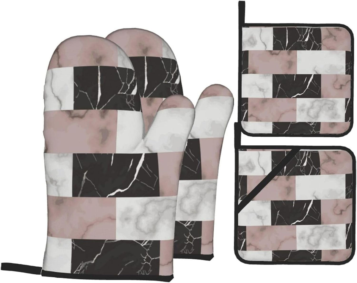 White Pink and Black Brick Marble 4-in-1 Oven Mitts and Pot Holders, Thick Polyester Kitchen Thermal Gloves for Indoor Baking Outdoor Grilling