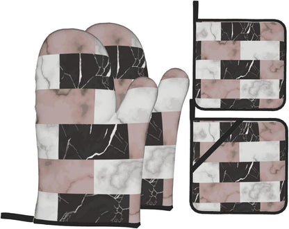White Pink and Black Brick Marble 4-in-1 Oven Mitts and Pot Holders, Thick Polyester Kitchen Thermal Gloves for Indoor Baking Outdoor Grilling