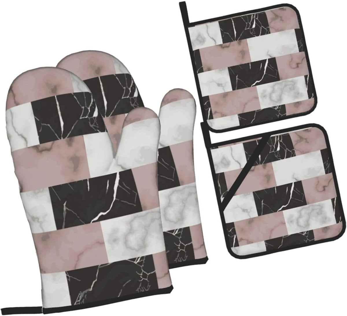 White Pink and Black Brick Marble 4-in-1 Oven Mitts and Pot Holders, Thick Polyester Kitchen Thermal Gloves for Indoor Baking Outdoor Grilling