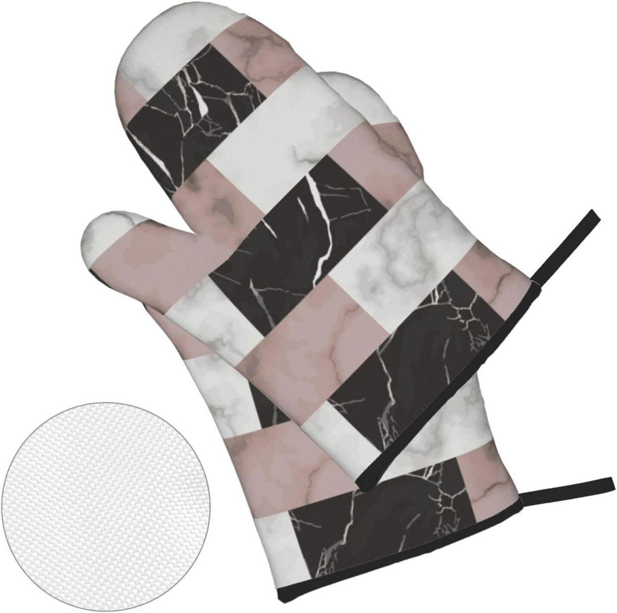 White Pink and Black Brick Marble 4-in-1 Oven Mitts and Pot Holders, Thick Polyester Kitchen Thermal Gloves for Indoor Baking Outdoor Grilling