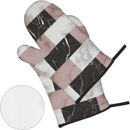 White Pink and Black Brick Marble 4-in-1 Oven Mitts and Pot Holders, Thick Polyester Kitchen Thermal Gloves for Indoor Baking Outdoor Grilling