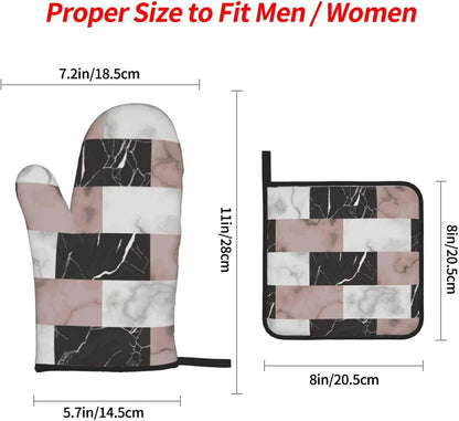 White Pink and Black Brick Marble 4-in-1 Oven Mitts and Pot Holders, Thick Polyester Kitchen Thermal Gloves for Indoor Baking Outdoor Grilling