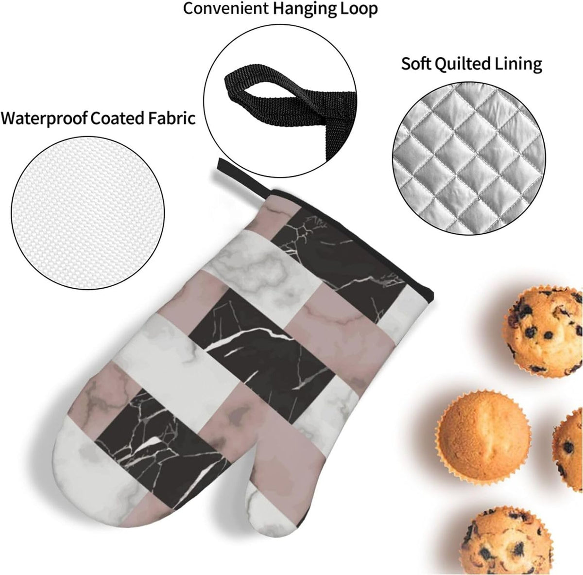 White Pink and Black Brick Marble 4-in-1 Oven Mitts and Pot Holders, Thick Polyester Kitchen Thermal Gloves for Indoor Baking Outdoor Grilling