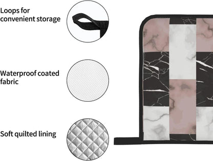White Pink and Black Brick Marble 4-in-1 Oven Mitts and Pot Holders, Thick Polyester Kitchen Thermal Gloves for Indoor Baking Outdoor Grilling