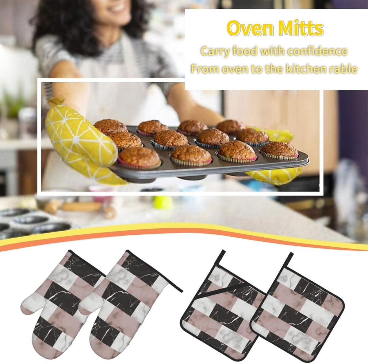 White Pink and Black Brick Marble 4-in-1 Oven Mitts and Pot Holders, Thick Polyester Kitchen Thermal Gloves for Indoor Baking Outdoor Grilling
