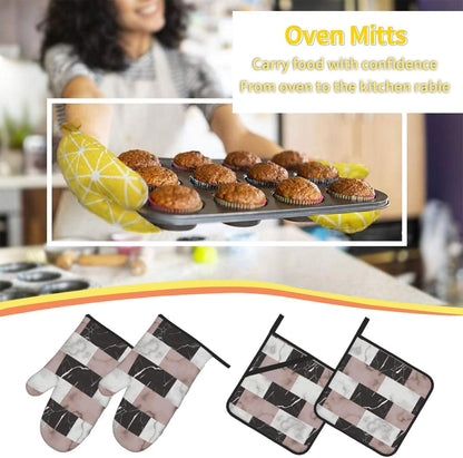 White Pink and Black Brick Marble 4-in-1 Oven Mitts and Pot Holders, Thick Polyester Kitchen Thermal Gloves for Indoor Baking Outdoor Grilling