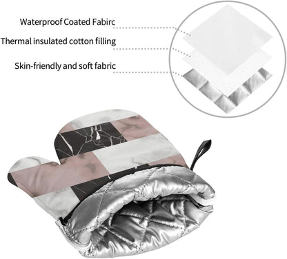 White Pink and Black Brick Marble 4-in-1 Oven Mitts and Pot Holders, Thick Polyester Kitchen Thermal Gloves for Indoor Baking Outdoor Grilling