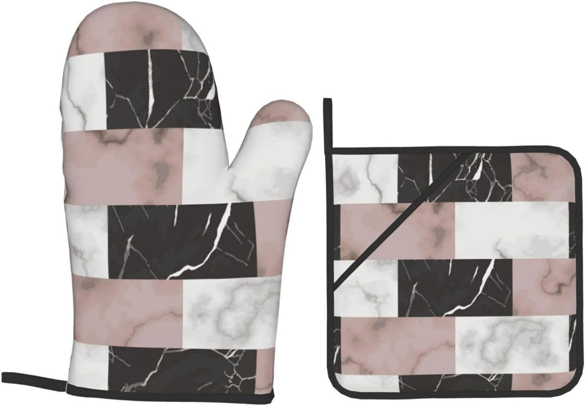 White Pink and Black Brick Marble 4-in-1 Oven Mitts and Pot Holders, Thick Polyester Kitchen Thermal Gloves for Indoor Baking Outdoor Grilling