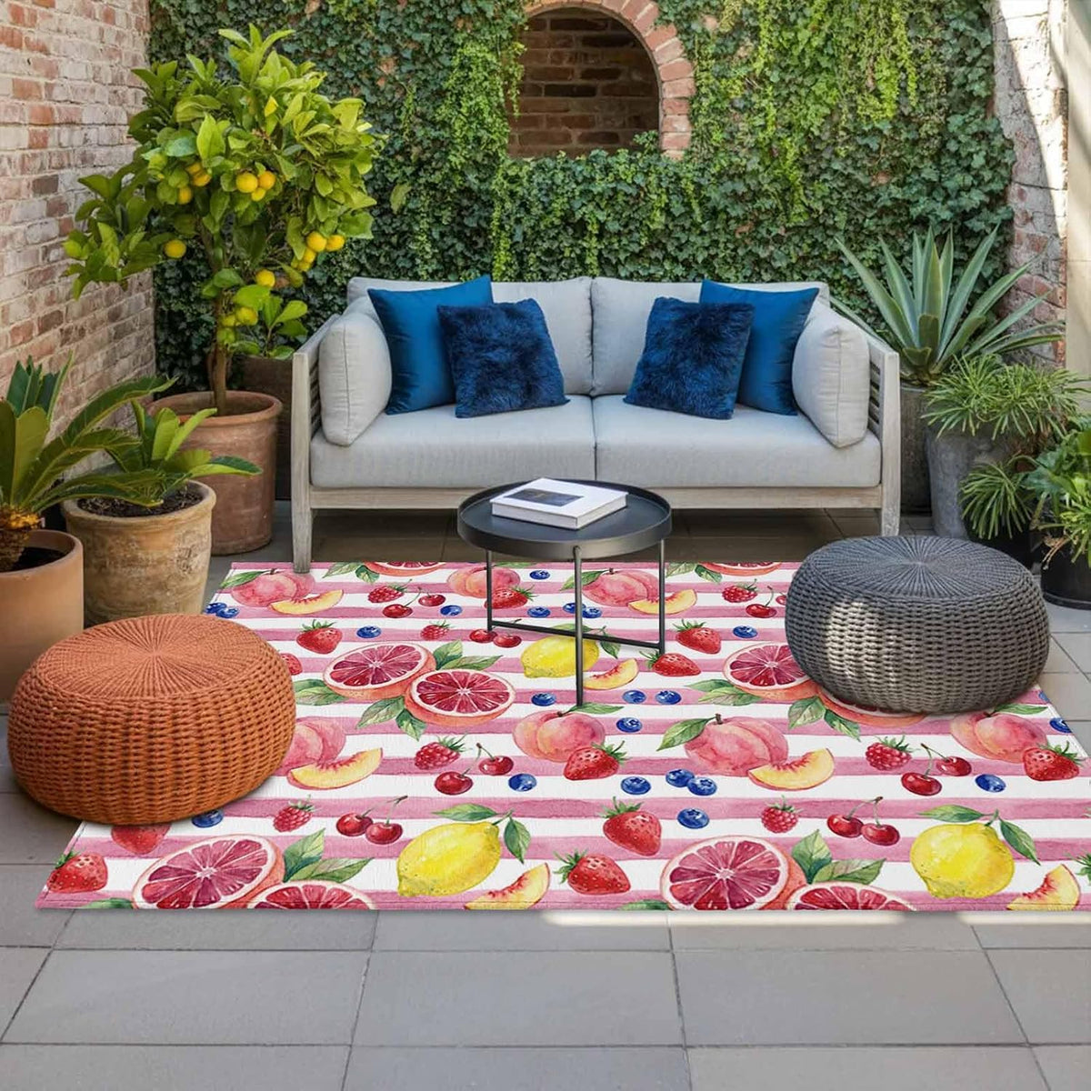 4x6ft Outdoor Rugs for Patio Summer Peach Lemon Grapefruit Non Shedding Outside Carpet, Blueberry Strawberry Pink Stripe Large Washable Area Rug Pads for Backyard Balcony Indoor Living Room