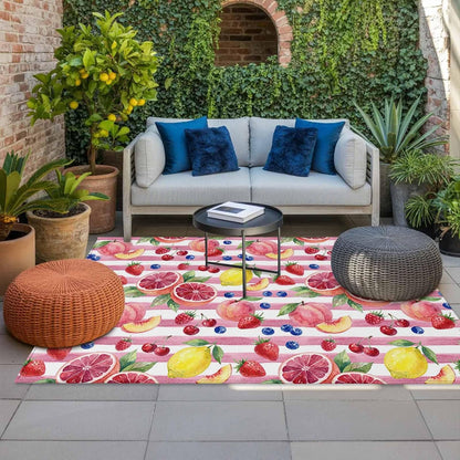 4x6ft Outdoor Rugs for Patio Summer Peach Lemon Grapefruit Non Shedding Outside Carpet, Blueberry Strawberry Pink Stripe Large Washable Area Rug Pads for Backyard Balcony Indoor Living Room