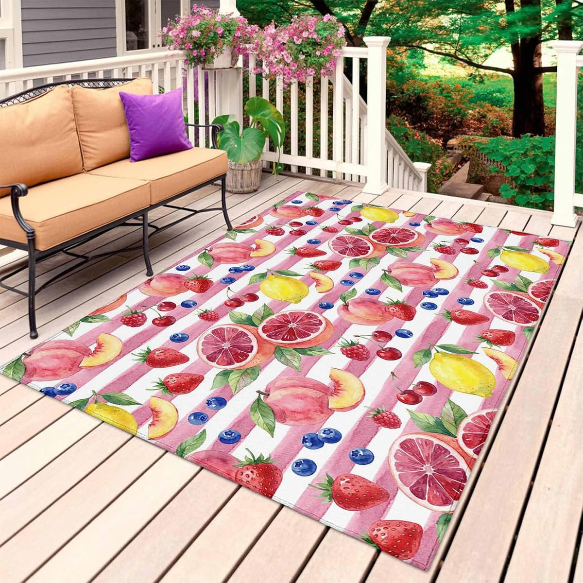 4x6ft Outdoor Rugs for Patio Summer Peach Lemon Grapefruit Non Shedding Outside Carpet, Blueberry Strawberry Pink Stripe Large Washable Area Rug Pads for Backyard Balcony Indoor Living Room