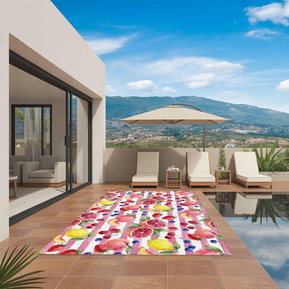 4x6ft Outdoor Rugs for Patio Summer Peach Lemon Grapefruit Non Shedding Outside Carpet, Blueberry Strawberry Pink Stripe Large Washable Area Rug Pads for Backyard Balcony Indoor Living Room