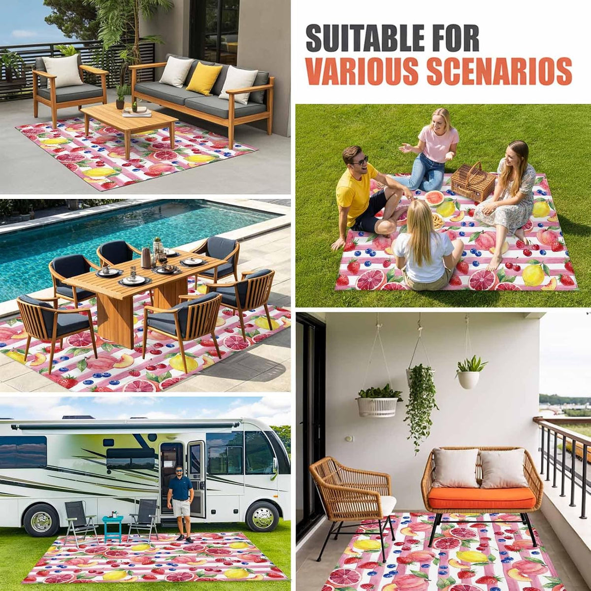 4x6ft Outdoor Rugs for Patio Summer Peach Lemon Grapefruit Non Shedding Outside Carpet, Blueberry Strawberry Pink Stripe Large Washable Area Rug Pads for Backyard Balcony Indoor Living Room
