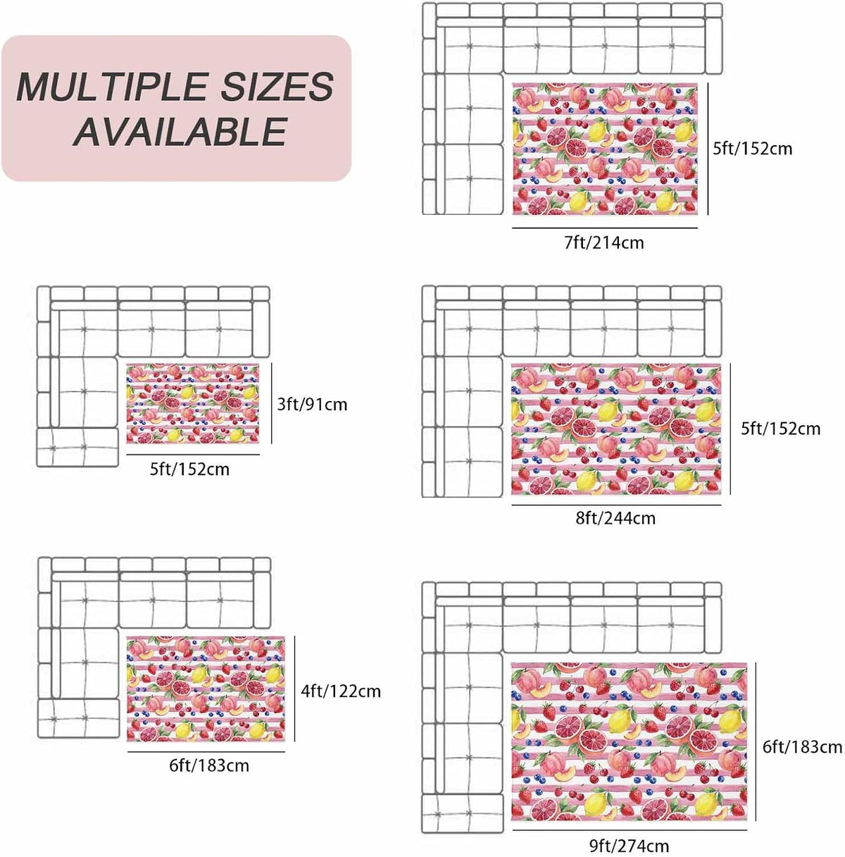 4x6ft Outdoor Rugs for Patio Summer Peach Lemon Grapefruit Non Shedding Outside Carpet, Blueberry Strawberry Pink Stripe Large Washable Area Rug Pads for Backyard Balcony Indoor Living Room