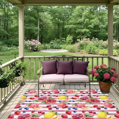 4x6ft Outdoor Rugs for Patio Summer Peach Lemon Grapefruit Non Shedding Outside Carpet, Blueberry Strawberry Pink Stripe Large Washable Area Rug Pads for Backyard Balcony Indoor Living Room