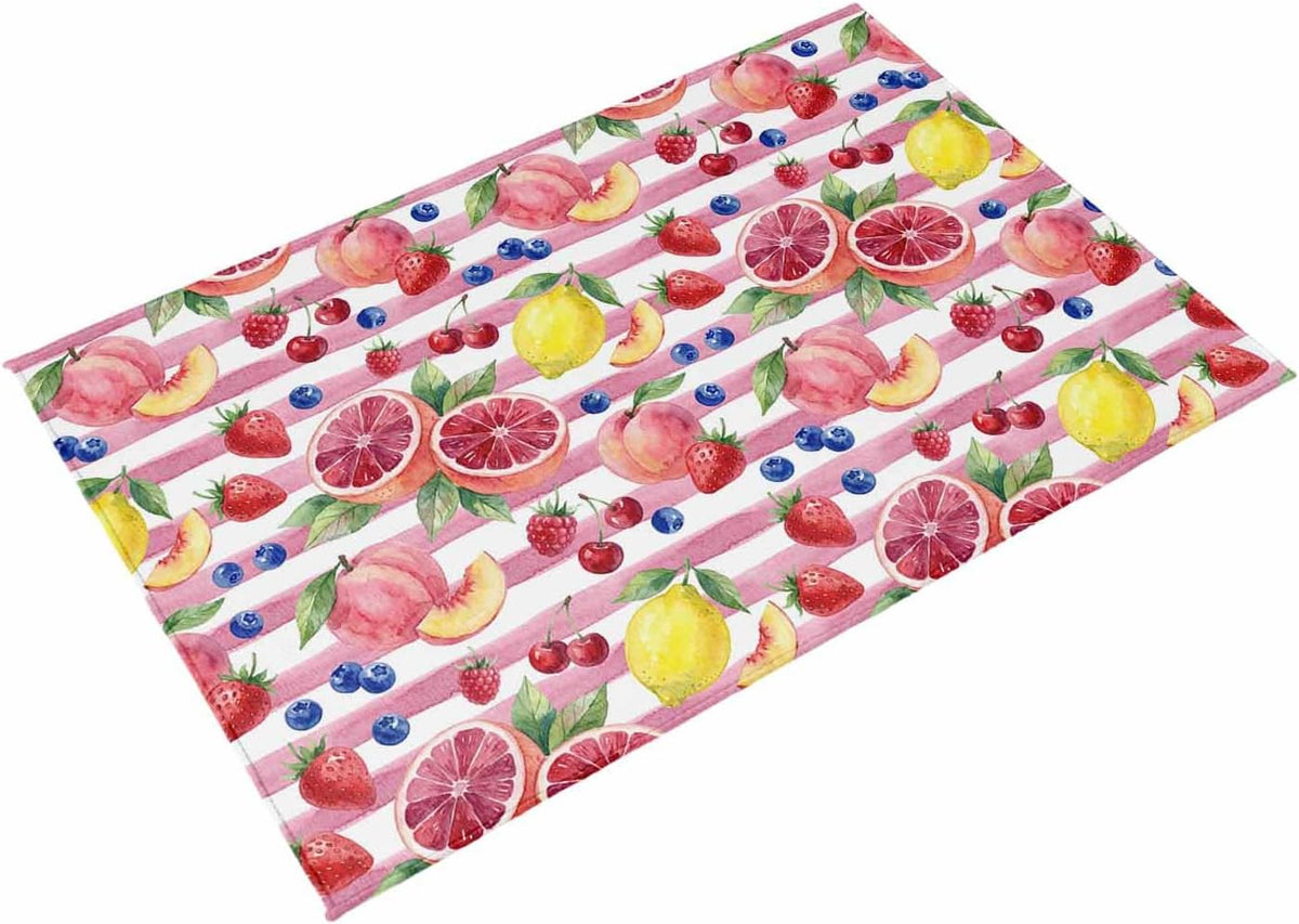 4x6ft Outdoor Rugs for Patio Summer Peach Lemon Grapefruit Non Shedding Outside Carpet, Blueberry Strawberry Pink Stripe Large Washable Area Rug Pads for Backyard Balcony Indoor Living Room