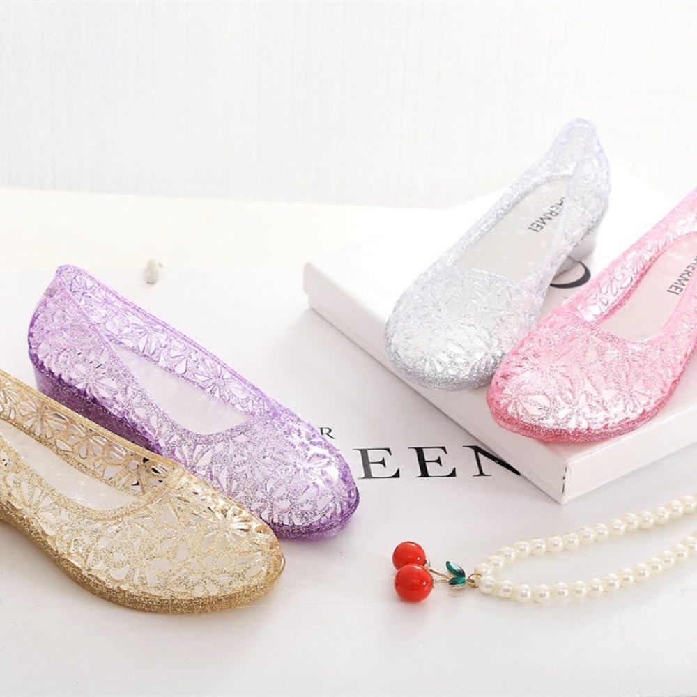 Jelly Mesh Ballet Flats for Women Sparkly Clear Jelly Sandals Hollow Water Slides Slip on House Slippers Lightweight Breathable Low Heel Wide Dressy Ballerina Shoes Summer Beach Party Cruise Vacation