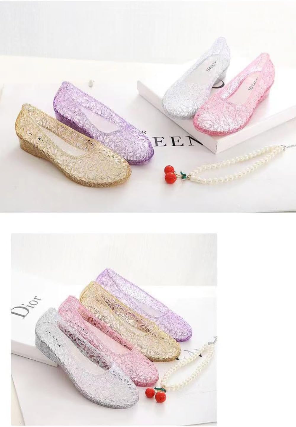 Jelly Mesh Ballet Flats for Women Sparkly Clear Jelly Sandals Hollow Water Slides Slip on House Slippers Lightweight Breathable Low Heel Wide Dressy Ballerina Shoes Summer Beach Party Cruise Vacation