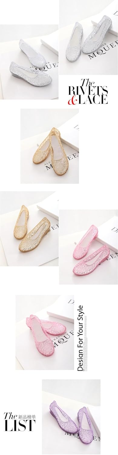 Jelly Mesh Ballet Flats for Women Sparkly Clear Jelly Sandals Hollow Water Slides Slip on House Slippers Lightweight Breathable Low Heel Wide Dressy Ballerina Shoes Summer Beach Party Cruise Vacation
