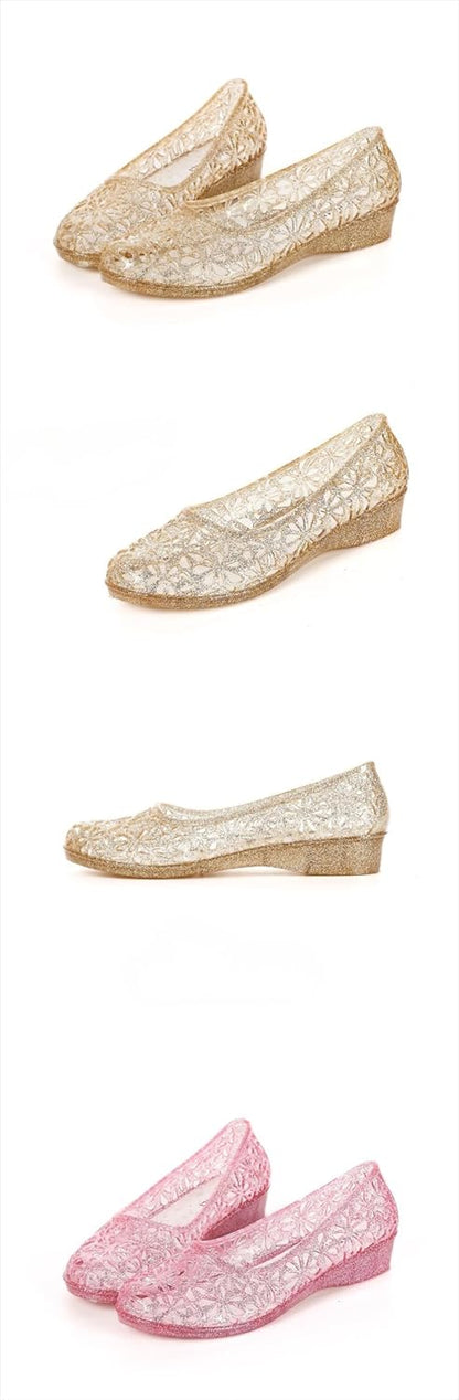 Jelly Mesh Ballet Flats for Women Sparkly Clear Jelly Sandals Hollow Water Slides Slip on House Slippers Lightweight Breathable Low Heel Wide Dressy Ballerina Shoes Summer Beach Party Cruise Vacation