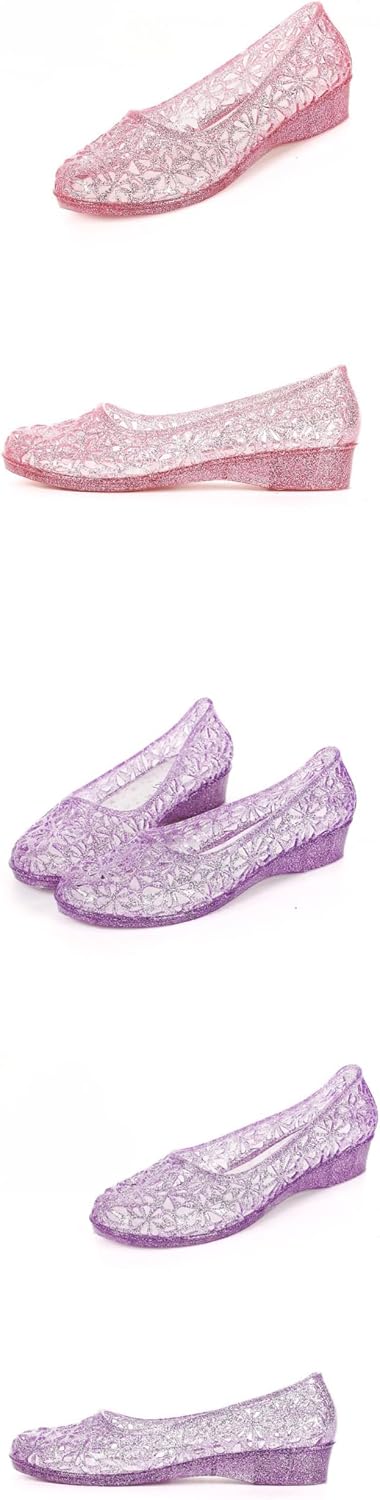 Jelly Mesh Ballet Flats for Women Sparkly Clear Jelly Sandals Hollow Water Slides Slip on House Slippers Lightweight Breathable Low Heel Wide Dressy Ballerina Shoes Summer Beach Party Cruise Vacation