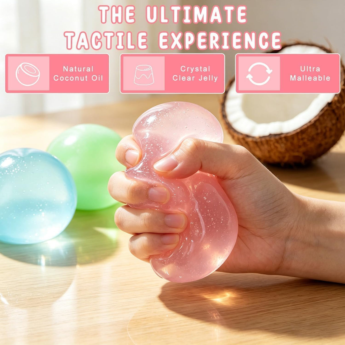 Coconut Oil Squishy, Coconut Oil Stress Ball – Super Soft, Handmade Slow Rising Fidget Squeeze Toy for Stress Relief, Stress Relief & Focus Improvement (Pink)
