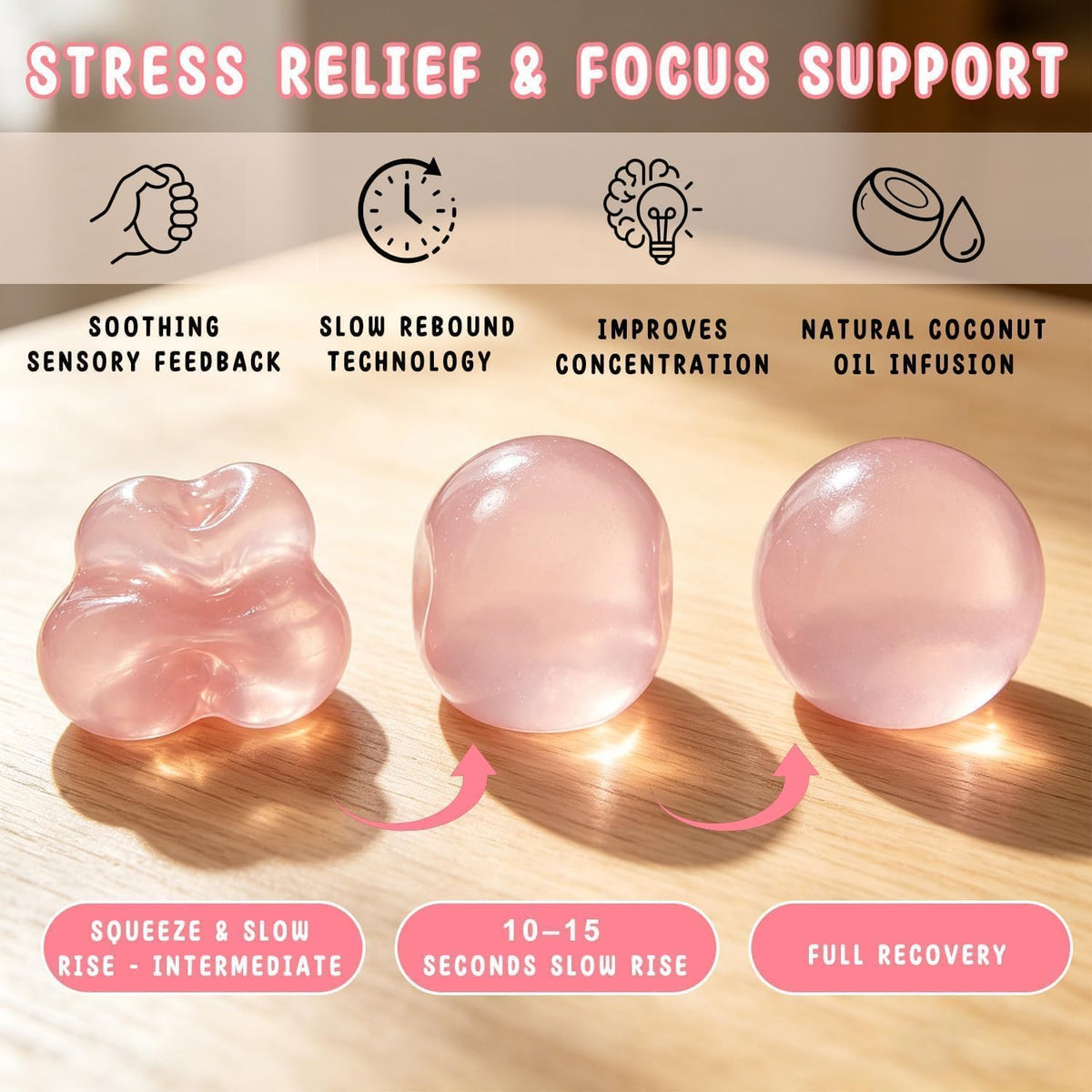 Coconut Oil Squishy, Coconut Oil Stress Ball – Super Soft, Handmade Slow Rising Fidget Squeeze Toy for Stress Relief, Stress Relief & Focus Improvement (Pink)