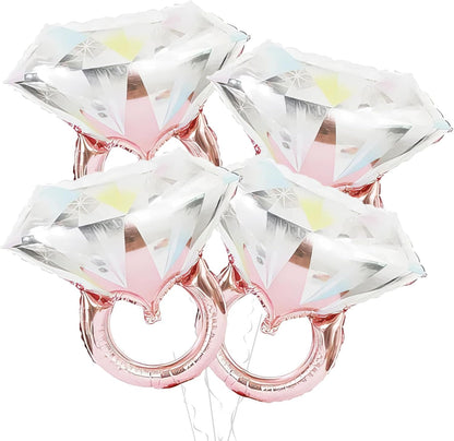 Rose Gold Diamond Ring Balloons 4 Pcs,Foil Engagement Ring Balloons
