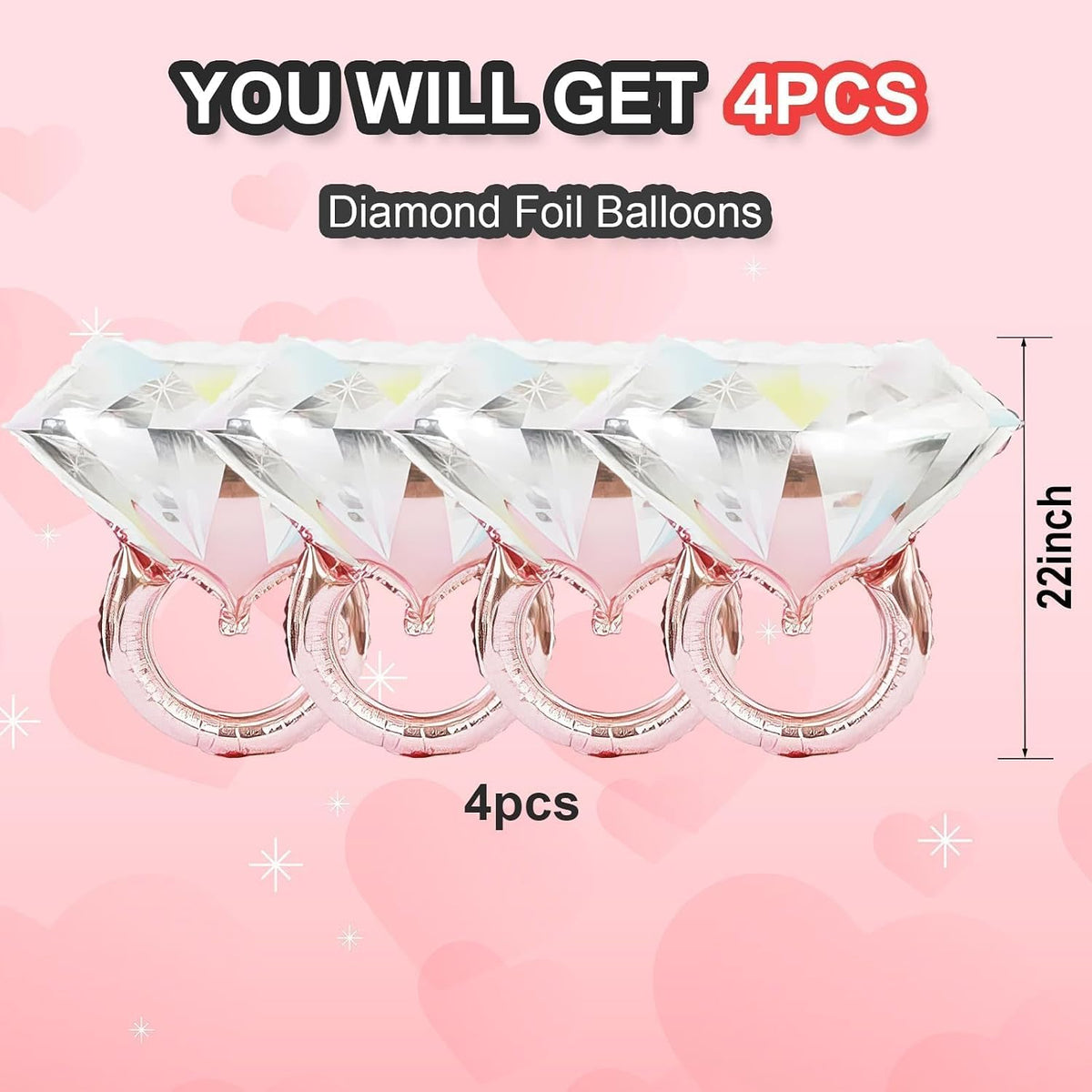 Rose Gold Diamond Ring Balloons 4 Pcs,Foil Engagement Ring Balloons