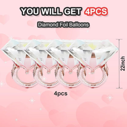 Rose Gold Diamond Ring Balloons 4 Pcs,Foil Engagement Ring Balloons
