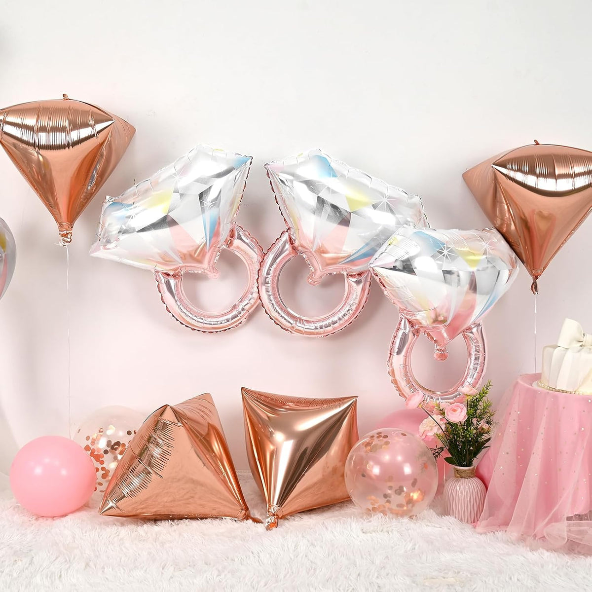 Rose Gold Diamond Ring Balloons 4 Pcs,Foil Engagement Ring Balloons